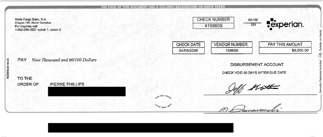 $9,000 settlement check from Experian